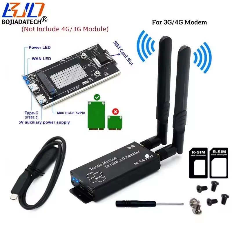 USB Type-C To Mini PCI-E Wireless Module Adapter Card SIM Slot With Dual Antenna & Protection Case for 3G 4G LTE GSM WWAN Modem