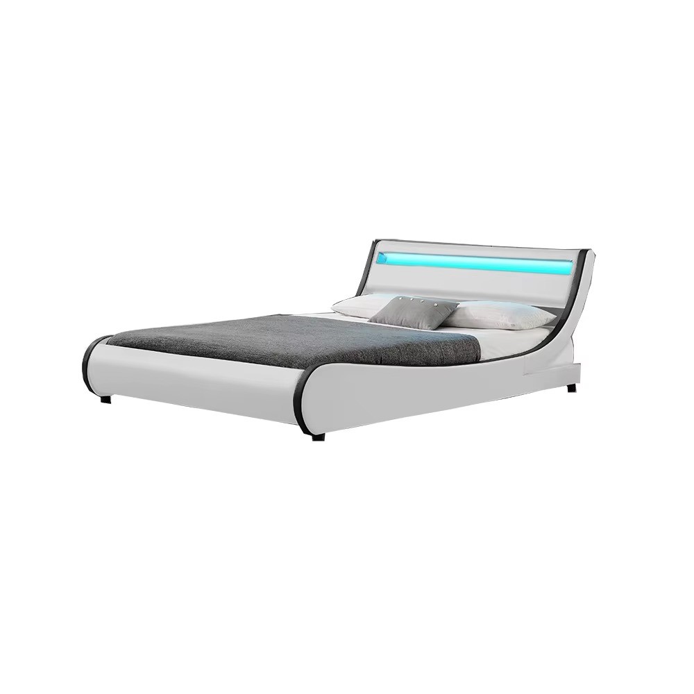 Latest Design King Size White Faux Leather Upholstered Bed with Led for Bedroom Furniture
