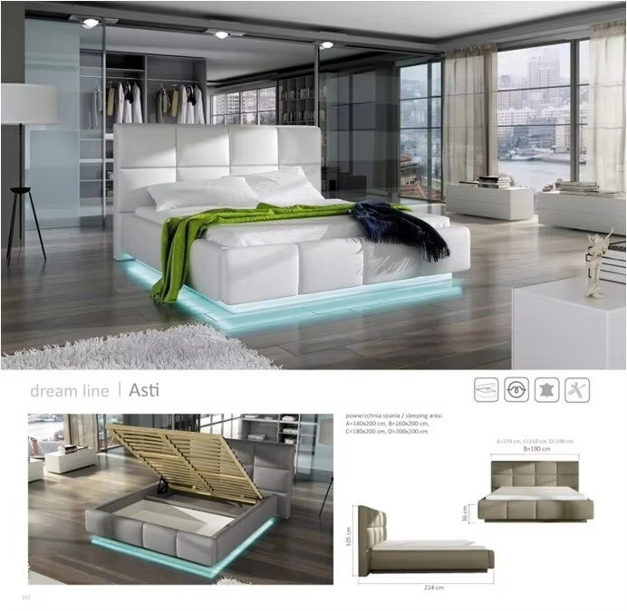Luxury storage bed in white leather with LED light