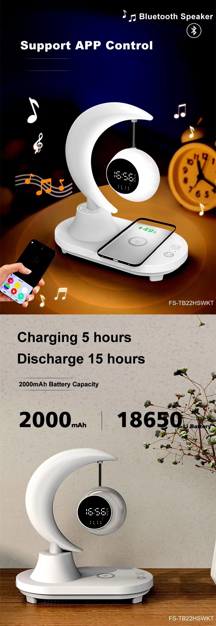 Trending Products 2024 New Arrival smart home gadget moon night lamp with wireless charger blue tooth speaker alarm clock