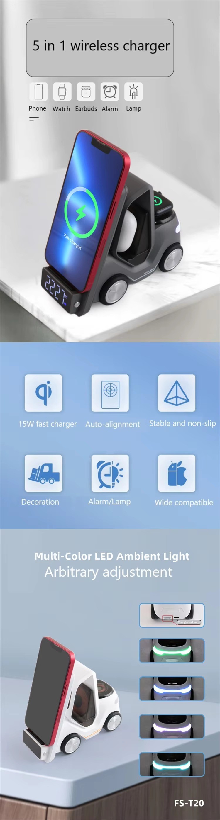 2024 Cool gadgets electronic 15W 6 in 1 Car Shape Wireless charger with Digital Alarm Clock and LED ambient light