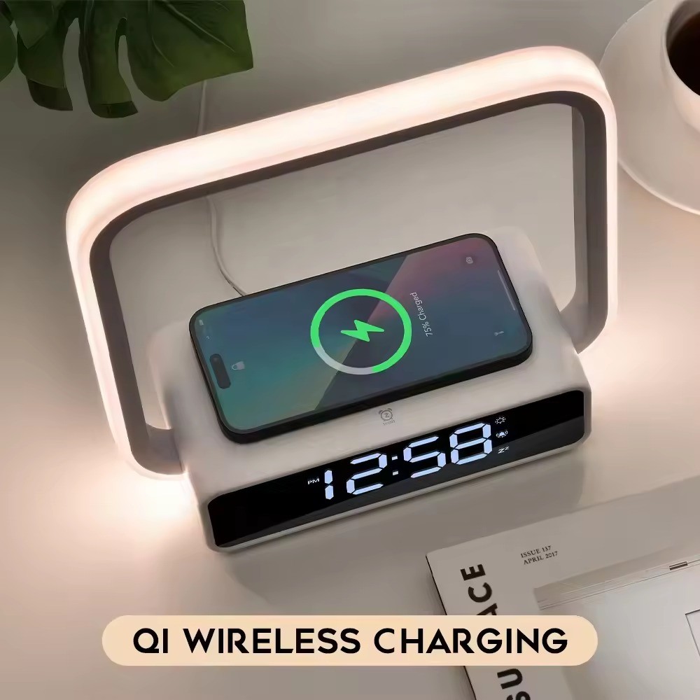 Smart Home Gadgets Bedside Touch control 7 color night light alarm Clock Led Table lamp Wireless Charger
