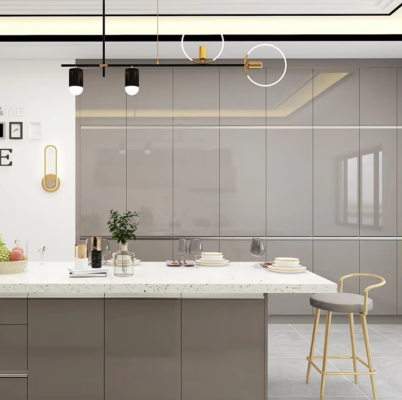 Lacquer Painted Modern Complete Kitchen Cabinet Gray Glossy Kitchen Island Cabinet