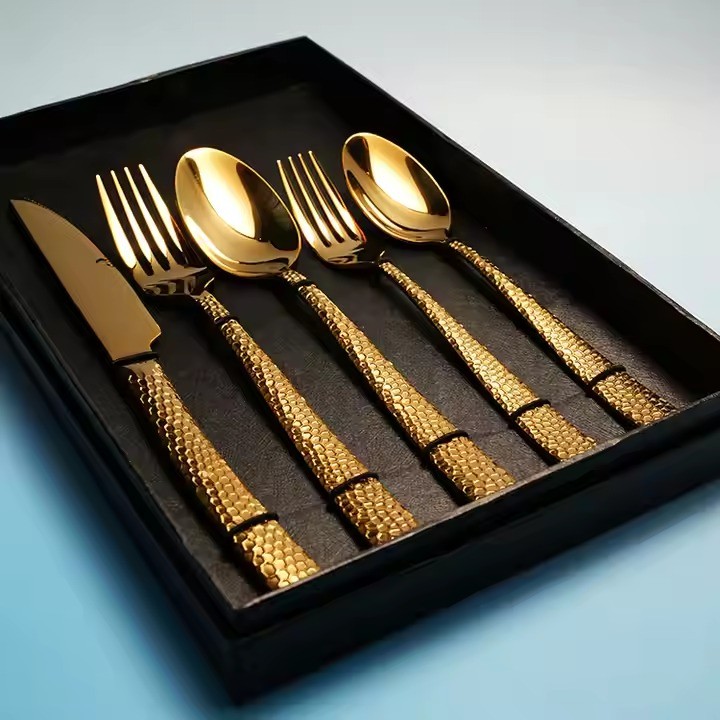 vKnife Dinner fork Dinner spoon Tea fork Tea spoon Five piece set gold cutlery set stainless steel flatware sets