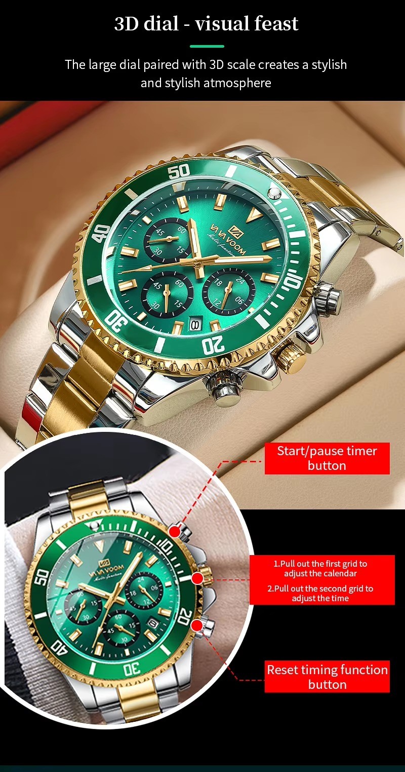 VA VA VOOM Factory New Design Wholesale Stainless Steel Band Business Men Luminous Watches Quartz Chronograph Wrist Luxury Watch