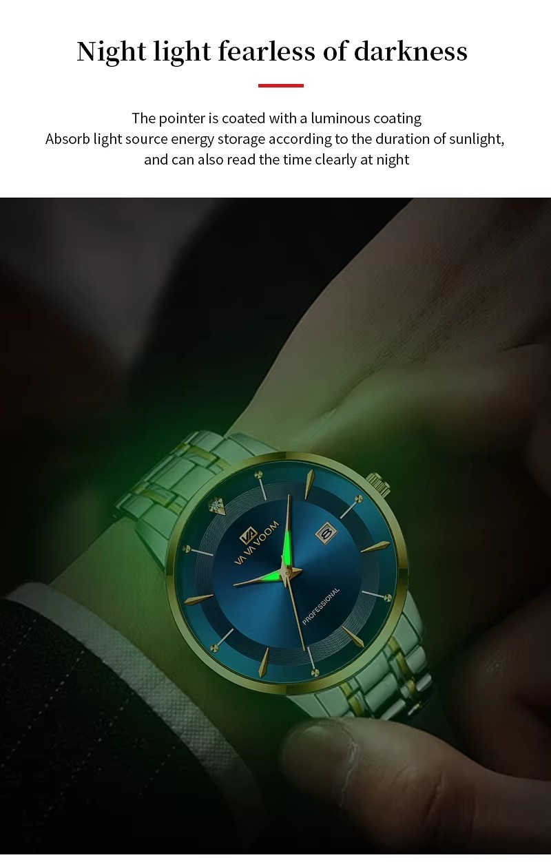 VAVA VOOM 2024 New Fashion Men Casual Black Stainless Steel Band Date 43mm Dial Watches Wholesale Luminous Business Wrist Watch