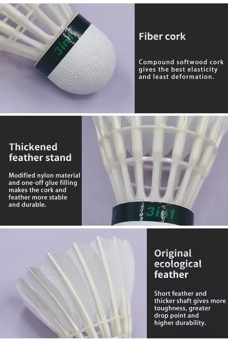 3in1 factory direct sale durable stable goose feather cheap badminton shuttlecock for sports training