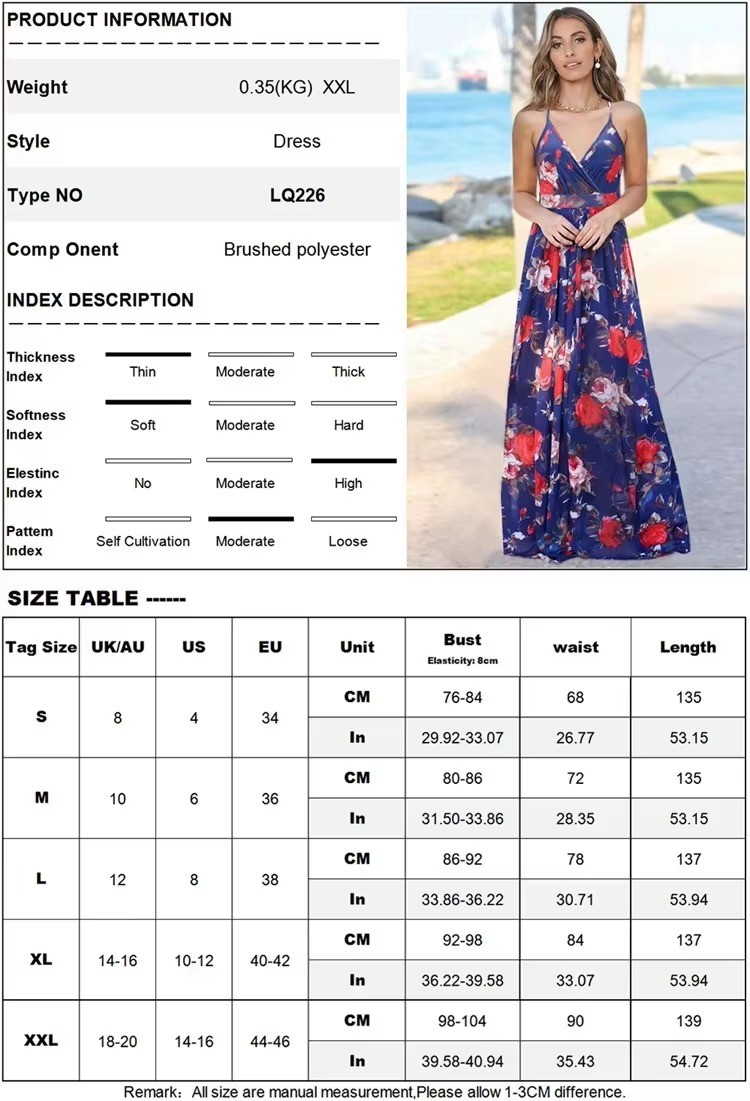 Bohemian Vintage Style Summer Maxi Dress for Plus Size Women Floral Sundress V-Neck Breathable Cami Beach Casual Dress