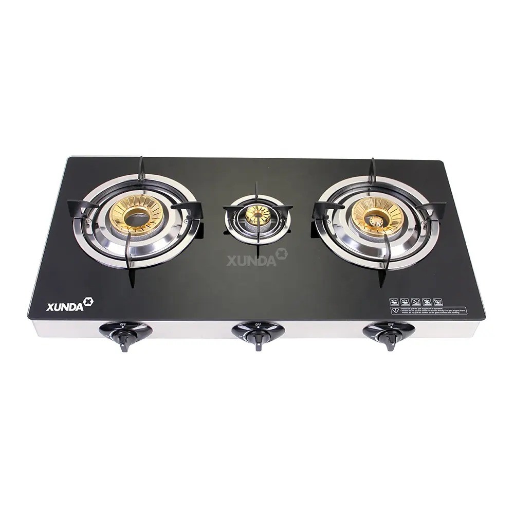 Xunda China Tempered Glass Top Three Burner Gas Stove 3 Burners Cooker Kitchen Hob