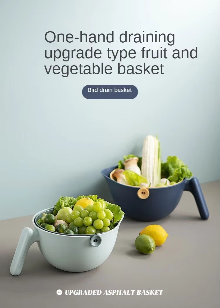 Creative Design double layers Vegetable Fruit Washing Bowl for Kitchen Plastic Multifunctional Drain Basket With Handle