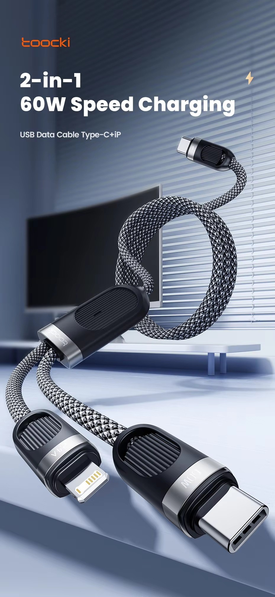 Toocki 3-in-1 Super Fast Charge 2.1A Type C USB Fast Charging Data Cable Micro USB Charging Cable