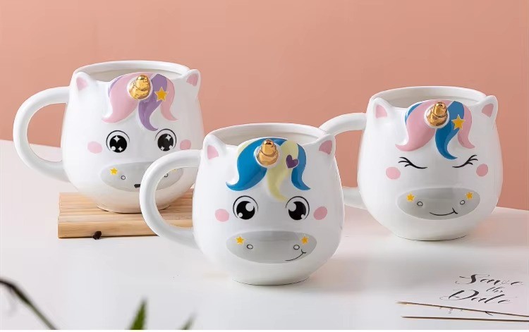 MAIMAI Custom 3D Animal Coffee Mug Pink Cute Unicorn Cow Glitter Galaxy Ceramic cup for office