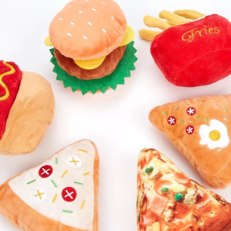 Juice Pet Plush Dog Squeaky Plush Cute Dog Toys, Burger, Fries Low MOQ Customize Available Dog Plush Squeaky Toy