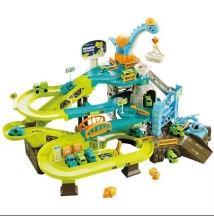 Kids Educational Electric Dinosaur Track Base Adventure Toys Parking Lot Track Slot Toy Set With 4 Sliding Cars