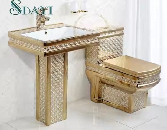 SDAYI Luxury Gold Toilet Sink Suite Ceramic Plated Bathroom Pedestal Hand Wash Basin Bowl Floor Mounted Golden Toilet set