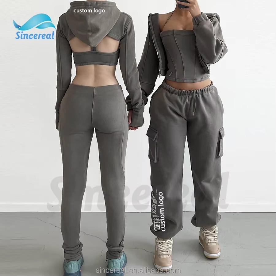 Custom 3PCS y2k vintage Zip Up Cotton French Terry Stacked Sweatpants Hoodie Set Slim Fit Acid Wash Sweat Suits Women Tracksuit