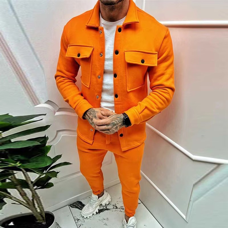 fall winter fashion jacket coat men's clothing new slim solid color cargo pocket shirts pants mens fashion two piece sets