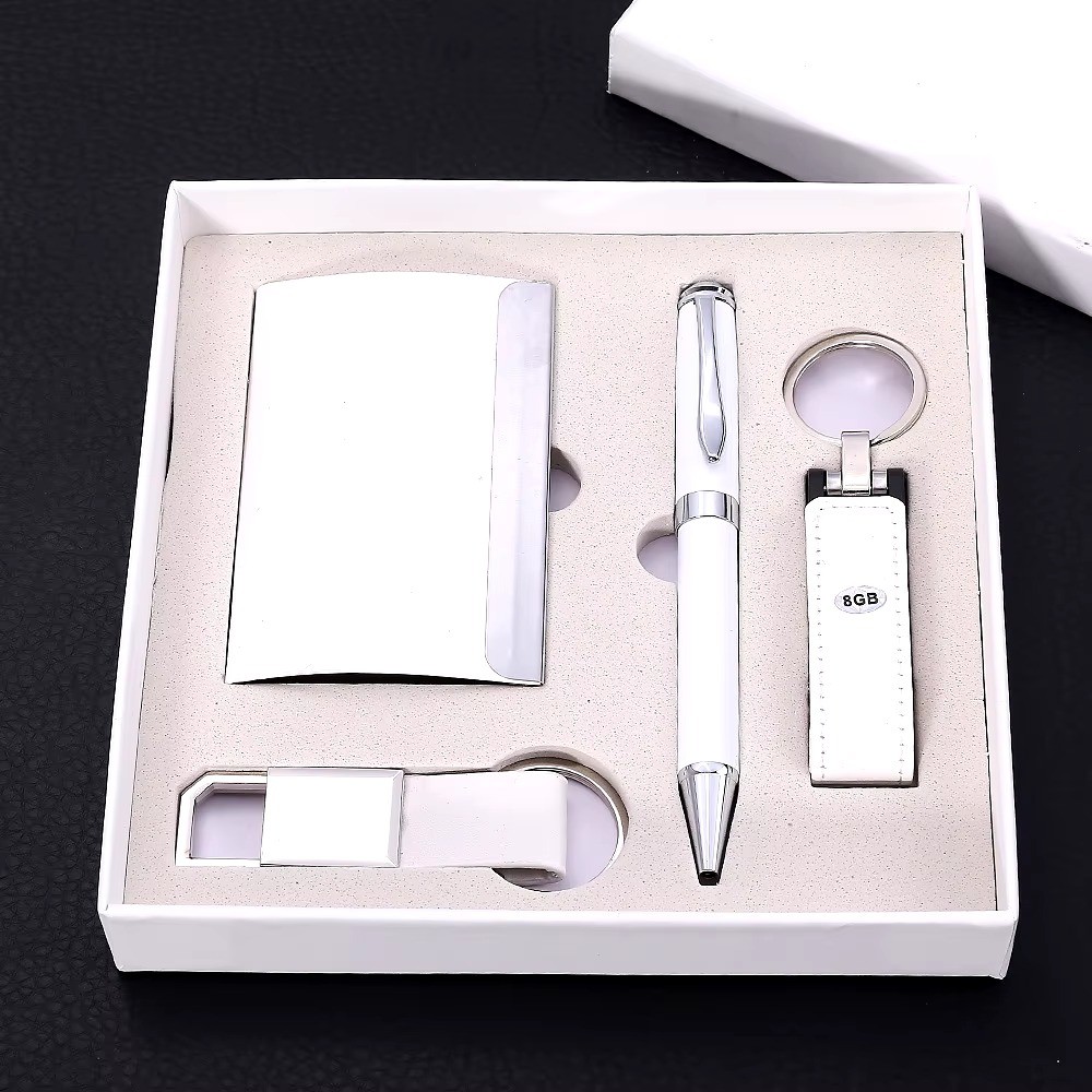OEM Logo White USB Key chain Business Card Holder and Pen Gift Set for Office Corporate Gift Set