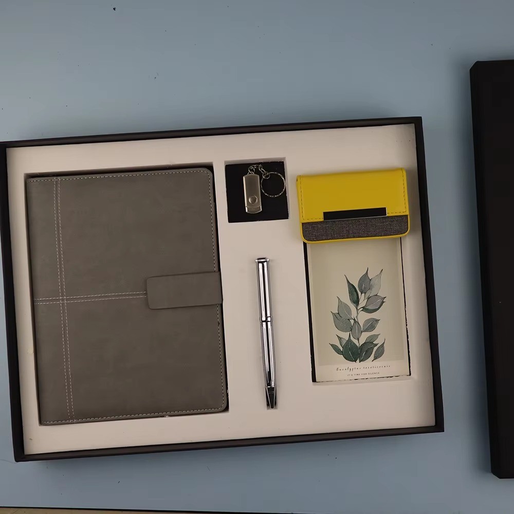 Special Gray In stock OEM Logo PU Leather A5 Notebook 4pcs Office Luxury Gift Set 2024